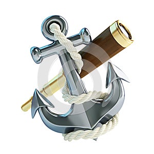 Old gold spyglass and anchor on a white background 3D illustration, 3D rendering