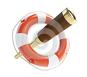 Old gold spyglass lifebuoy on a white background 3D illustration, 3D rendering