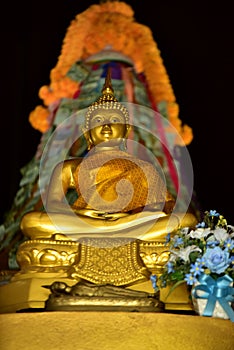 Old golden buddhist temple in Bangkok, Thailand.shrine inside of a buddhist temple.