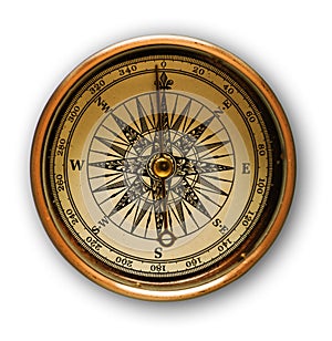 Starý zlatý kompas na bielom pozadí.