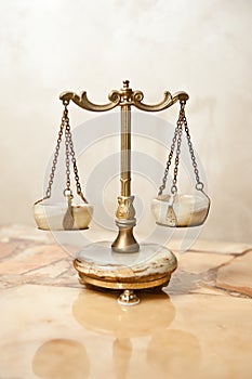 Old golden scale. Vintage balance scales. Scales balance. Antique scales, law and justice symbol