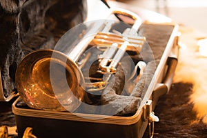 Old Golden Trumpet In A Black Fur Case Close up Beautiful Vintage Saxophone Instrument In Box