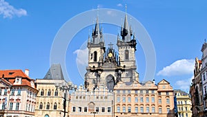 Old gothic architecture house historical landmark Prague Czech republic city Europe tour blue sky windows background