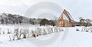 Old gothic church, winter landscape, Zapyskis, Lithuania