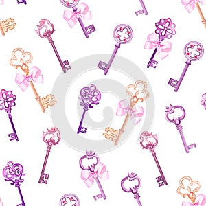 Old gothic keys with bows seamless vector pattern