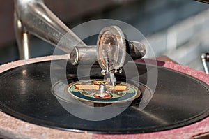old gramophone close-up, needle on a record