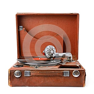 Old gramophone and vinyl record isolated on white