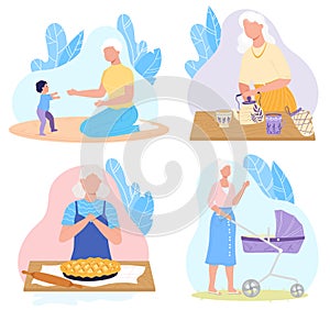 Old grandmother, cute adult man, help young family, grannie lady, smile grandson, design, flat style vector illustration