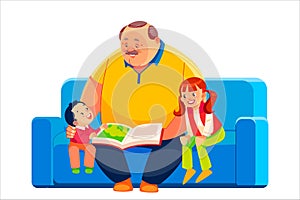 Old grandparent with grandchildren sitting on couch at home and reading book. Grandfather, grandson and granddaughter