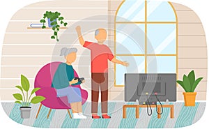 Old grandparents playing video games. Elderly people have modern lifestyle with console at home