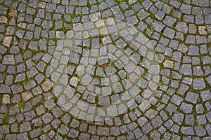 Old granite cobblestone sidewalk, horizontal shadowless abstract surface texture background photo