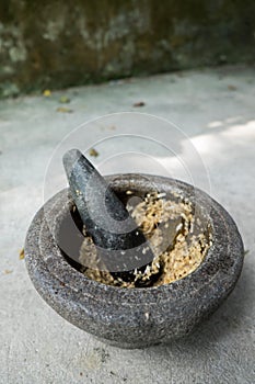 Old granite mortar with pestle and garlic