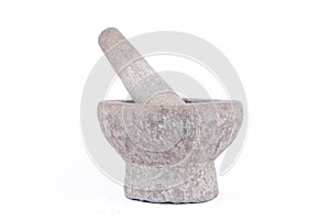 Old granite stone mortar and pestle are Thai cooking tool on white background food isolated