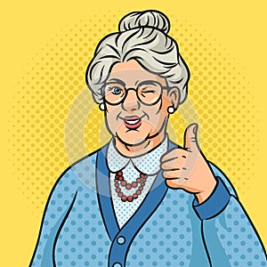 Old granny thumbs up pop art vector illustration