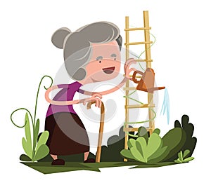 Old granny watering garden illustration cartoon character