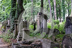 Old gravestones in the New Jewish Cemetery in Miodowa Street, Kazimierz, Krakow, Poland.