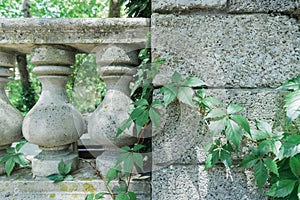 Old gray balustrade with stone columns and railing