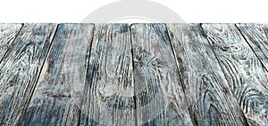 Old gray-blue painted grunge table top, board or a wooden shelf