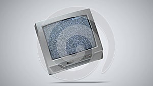 Old gray CRT TV hangs in the air and shows interference and static noise, switching channels, turning off, on a light gray