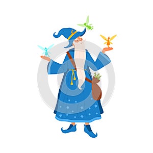 Old gray haired mage with beard holding flying little fairies. Portrait of aged sorcerer with a bag of herbs. Cute