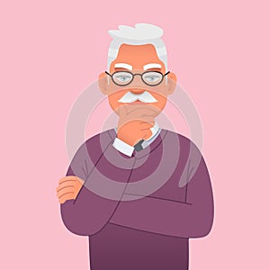 Old gray-haired man with a mustache and glasses was thinking about something. Elderly handsome grandfather