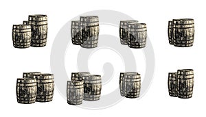 Old gray oak barrel set winemaking on a white isolated background