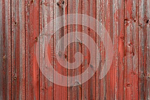 Old gray with shabby red paint wooden wall, aged background and texture. Rustic wooden board of fence.