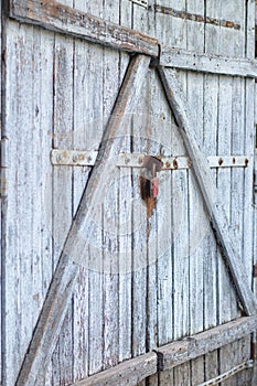 Old gray wooden plank gate with a padlock