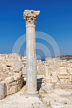 Old Greek column in Ruins of ancient Kourion, Limassol District. Cyprus