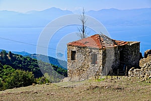 Old Greek Mountain Village Stone House Overlooking Gulf of Corinth