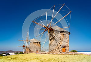 Old Greek windmills landscape. Patmos Island, Greece.