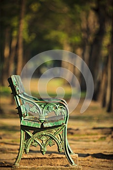 Old green bench in park with blurry background use as copy space