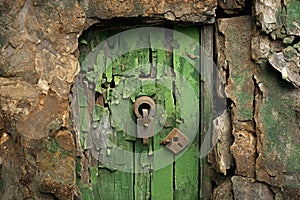 Old green door with lock and keyhole, closeup of photo