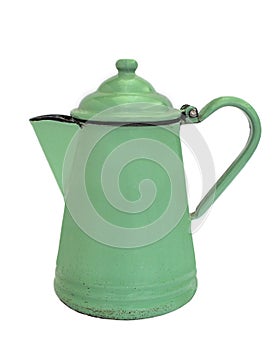 Old green enamel coffee pot isolated photo