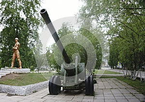 Old green russian artillery field cannon ,gun