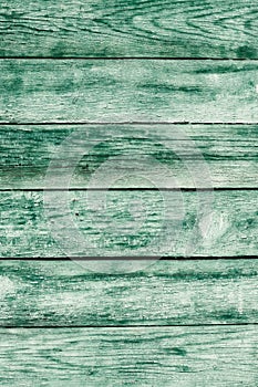Old green shabby wooden planks with cracked color paint