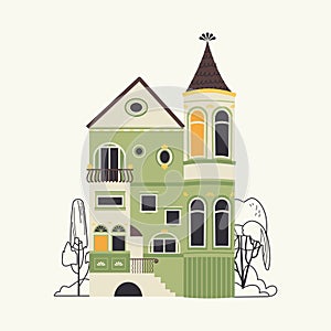 Old green victorian house vector isolated on white background. Retro style building facade. Suburban residential real estate flat