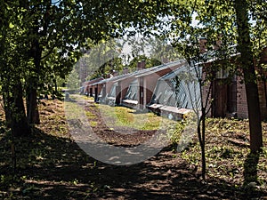 The old greenhouse in Alexandrovsky Park in Tsarskoe Selo in spring in sunny weather