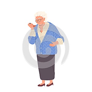 Old grey-haired woman character using inhaler for asthma healing or allergy attack treatment