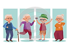 Old group people active seniors characters