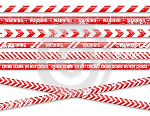 Old grunge barricade construction tape. Red police warning line, brightly colored danger or hazard stripe, ribbon