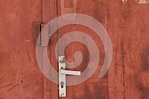 Old grunge and dirty metal closeup of steel door with door handles and lock vintage retro style background and texture in Sofia,