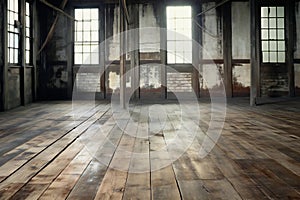 Old grunge factory interior with wooden floor and window, industrial background