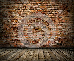 Old grunge interior with brick wall and floor