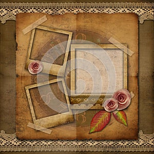Old grunge photo frame with roses