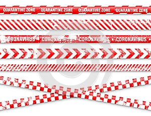 Old grunge quarantine zone warning tape. Novel coronavirus outbreak. Global lockdown. Red coronavirus danger stripe