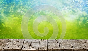 Old grunge wooden floor and spring grass background