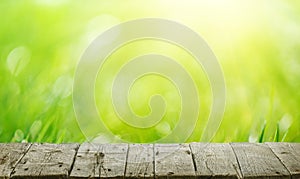 Old grunge wooden floor and spring grass background