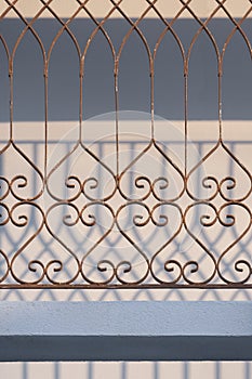 The old grunge wrought iron fence on terrace in vintage style and vertical fram