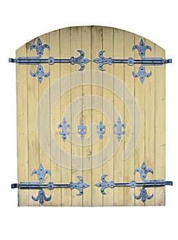 Old Grungy Dark Wooden Door Isolated on White Backgroun. Wooden Double Doors With Iron Details.